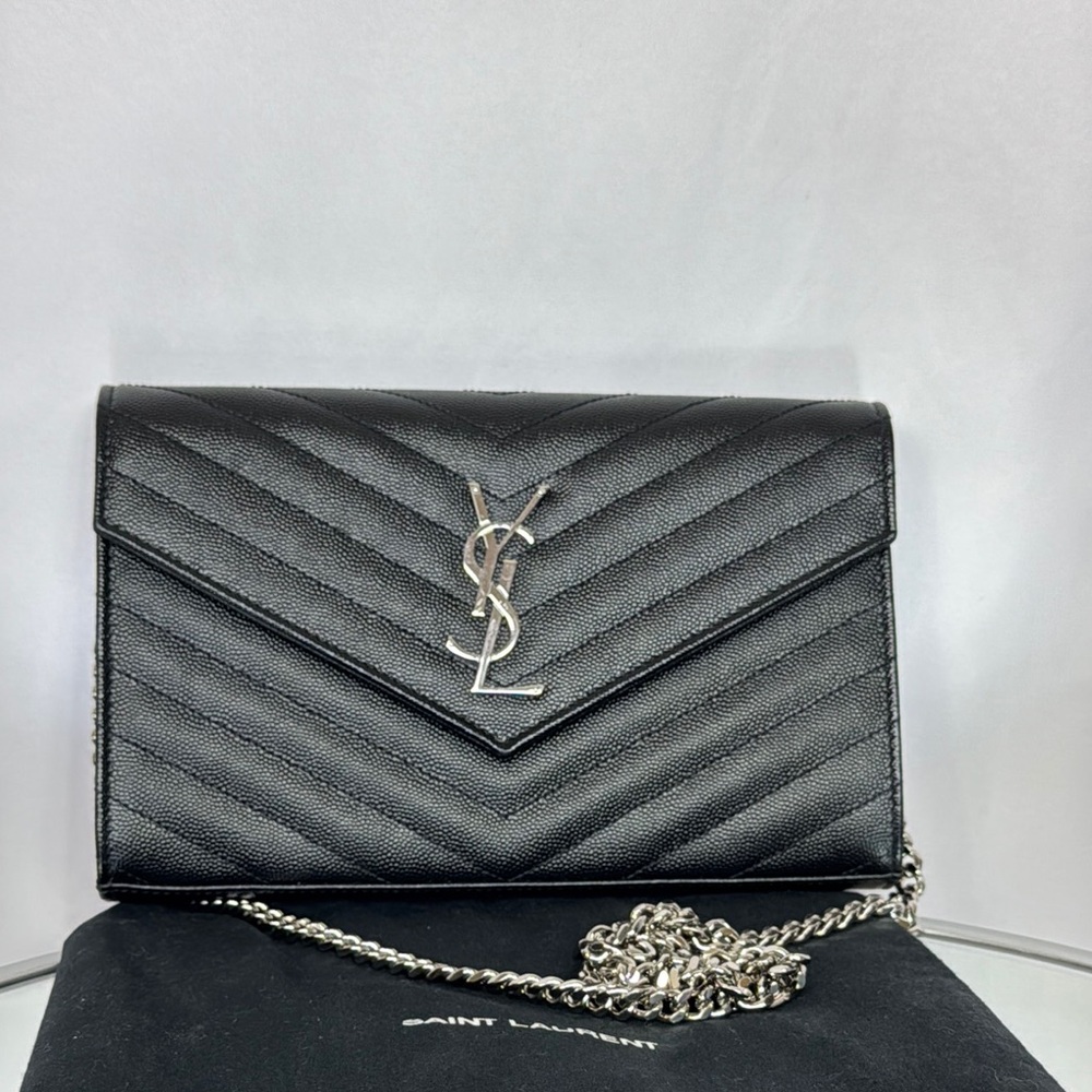YSL Monogram Large Wallet Bag on Chain in Grained Leather Black‎
